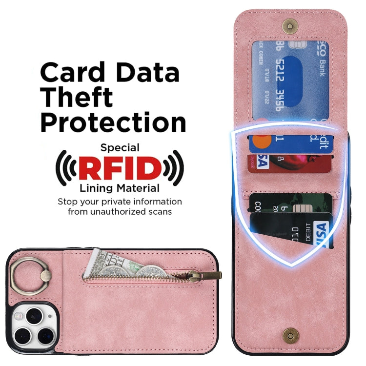 For iPhone 11 Pro Retro Ring and Zipper RFID Card Slot Phone Case
