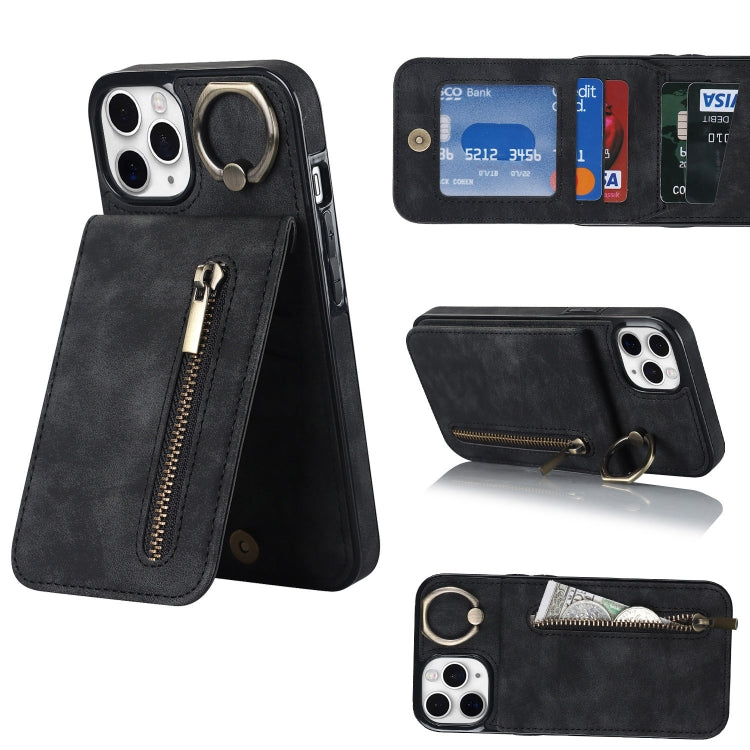 For iPhone 11 Pro Retro Ring and Zipper RFID Card Slot Phone Case