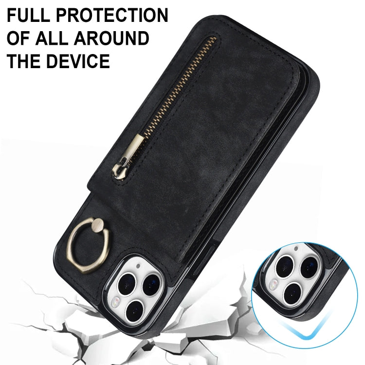 For iPhone 11 Pro Retro Ring and Zipper RFID Card Slot Phone Case