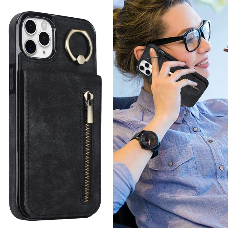 For iPhone 11 Pro Retro Ring and Zipper RFID Card Slot Phone Case
