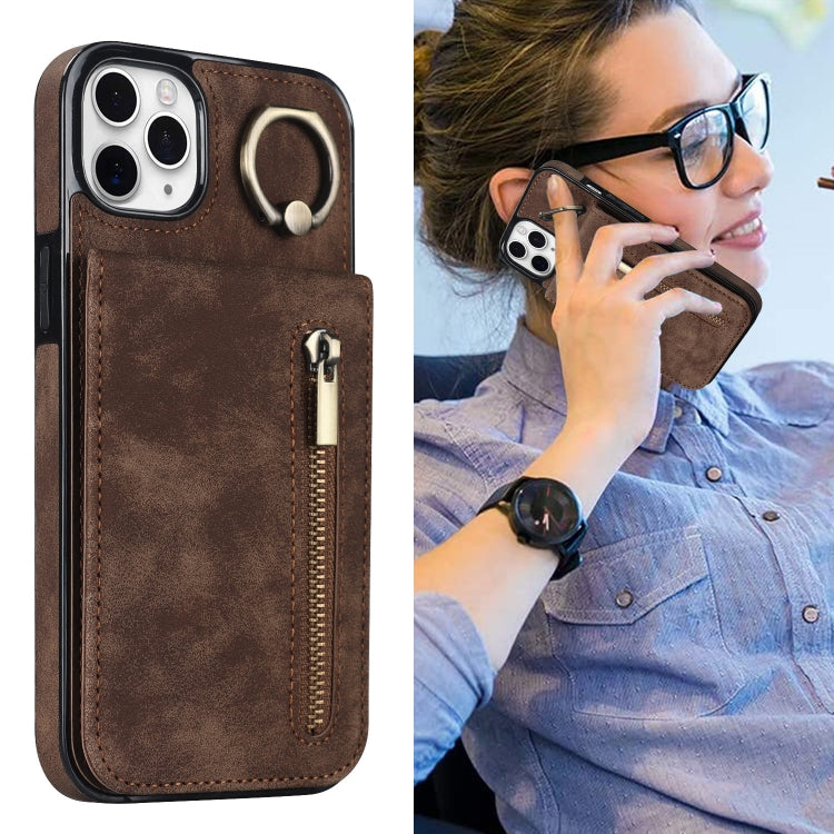 For iPhone 11 Pro Retro Ring and Zipper RFID Card Slot Phone Case