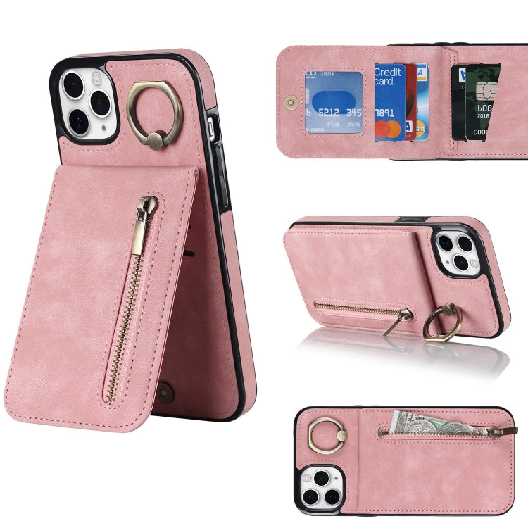 For iPhone 11 Pro Max Retro Ring and Zipper RFID Card Slot Phone Case