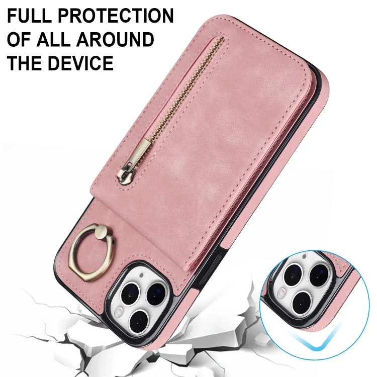 For iPhone 11 Pro Max Retro Ring and Zipper RFID Card Slot Phone Case