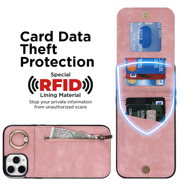 For iPhone 11 Pro Max Retro Ring and Zipper RFID Card Slot Phone Case