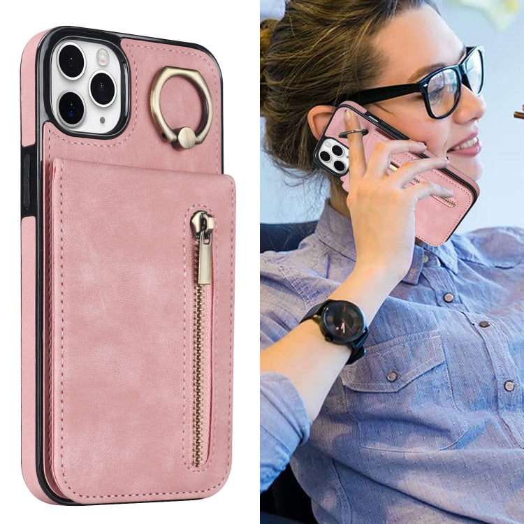 For iPhone 11 Pro Max Retro Ring and Zipper RFID Card Slot Phone Case