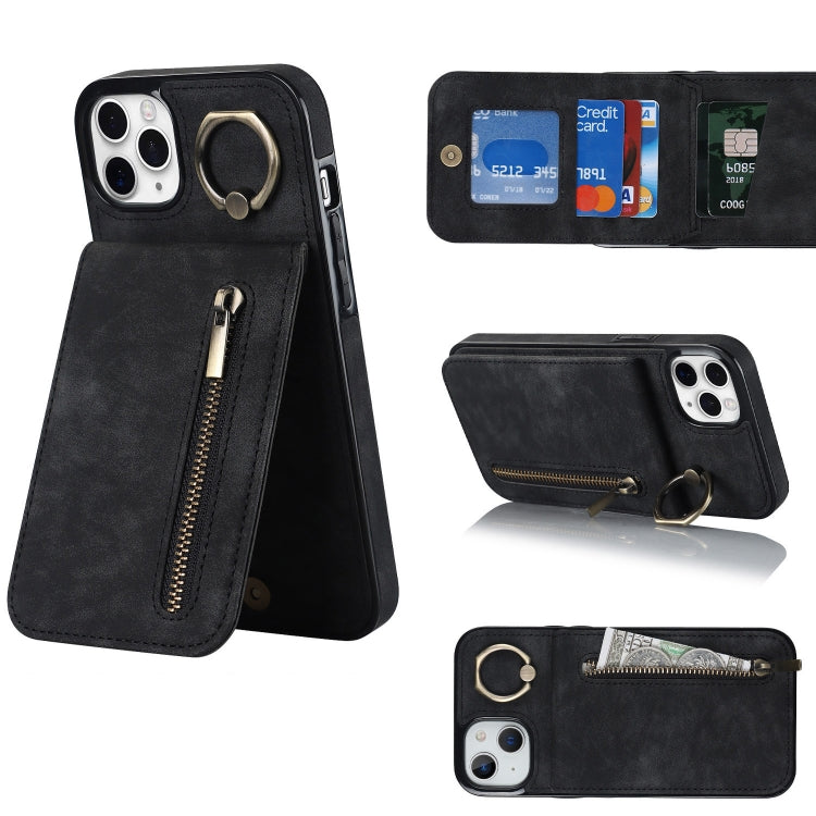 For iPhone 11 Pro Max Retro Ring and Zipper RFID Card Slot Phone Case