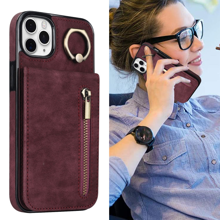 For iPhone 11 Pro Max Retro Ring and Zipper RFID Card Slot Phone Case