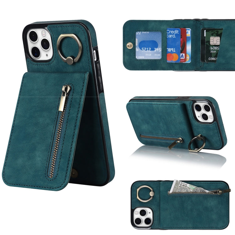 For iPhone 11 Pro Max Retro Ring and Zipper RFID Card Slot Phone Case