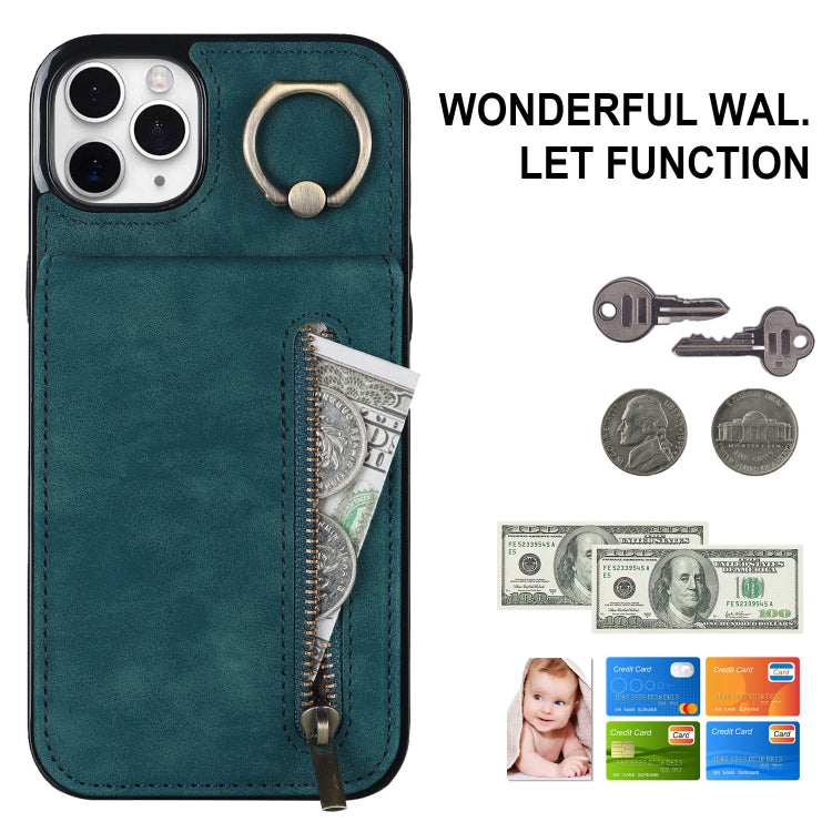 For iPhone 11 Pro Max Retro Ring and Zipper RFID Card Slot Phone Case