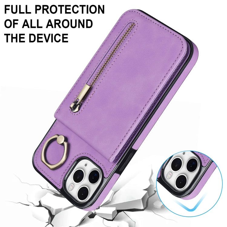 For iPhone 11 Pro Max Retro Ring and Zipper RFID Card Slot Phone Case