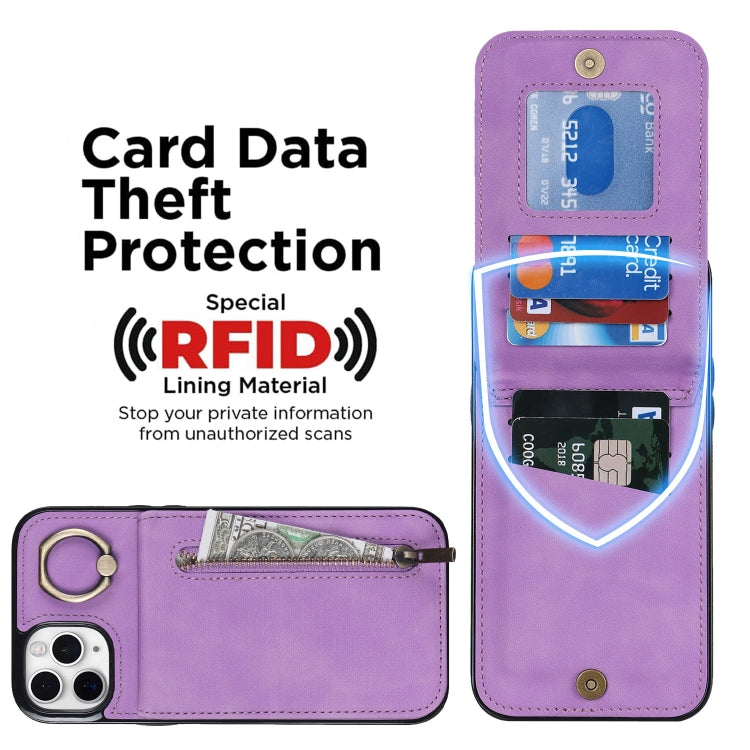 For iPhone 11 Pro Max Retro Ring and Zipper RFID Card Slot Phone Case