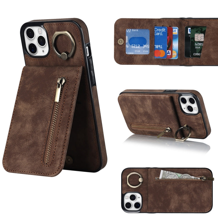For iPhone 11 Pro Max Retro Ring and Zipper RFID Card Slot Phone Case