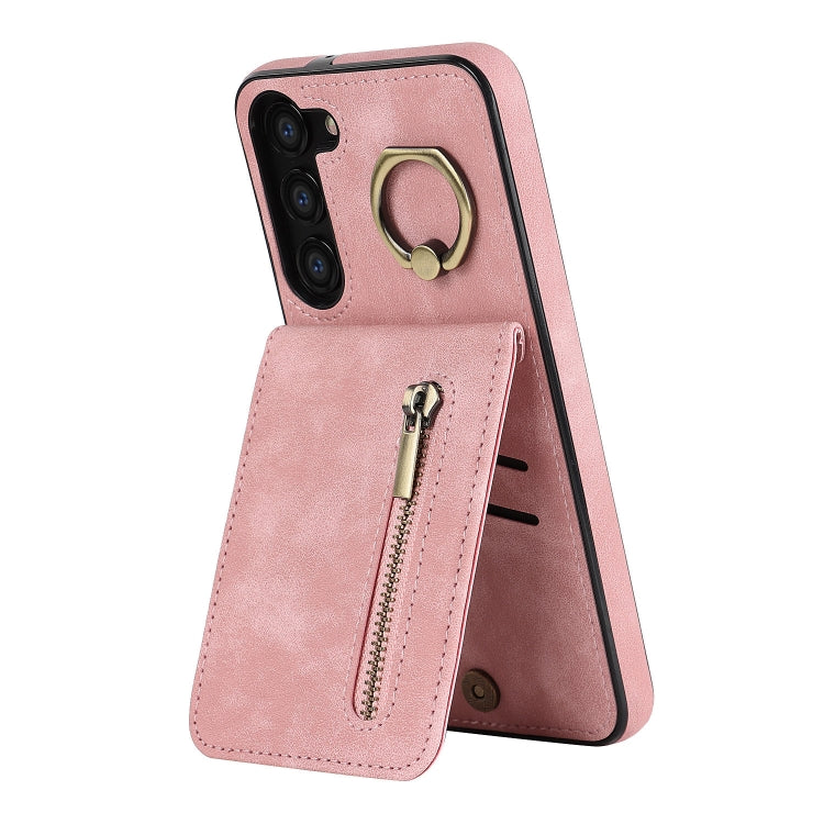 For Samsung Galaxy S23 5G Retro Ring and Zipper RFID Card Slot Phone Case