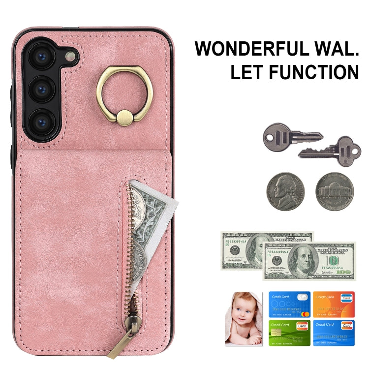 For Samsung Galaxy S23 5G Retro Ring and Zipper RFID Card Slot Phone Case