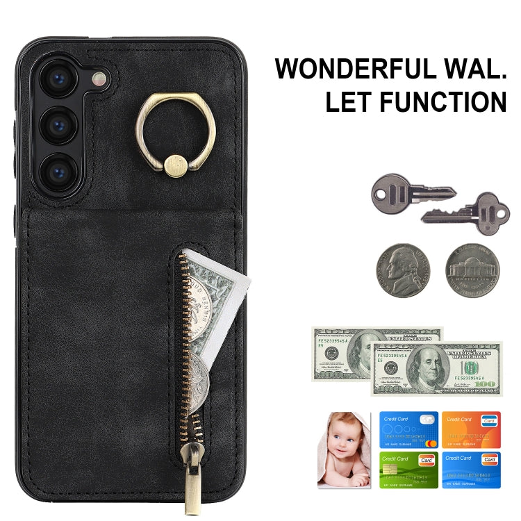 For Samsung Galaxy S23 5G Retro Ring and Zipper RFID Card Slot Phone Case