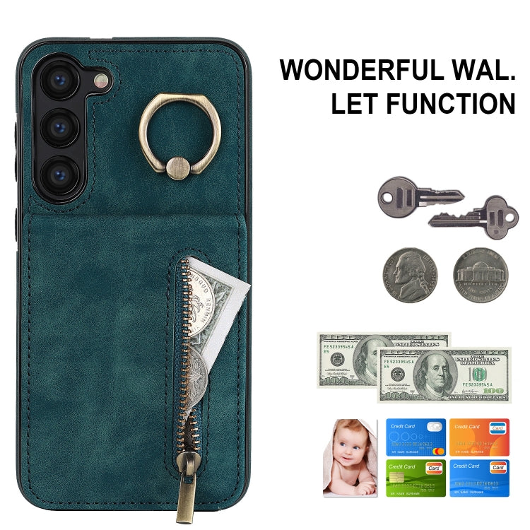 For Samsung Galaxy S23 5G Retro Ring and Zipper RFID Card Slot Phone Case