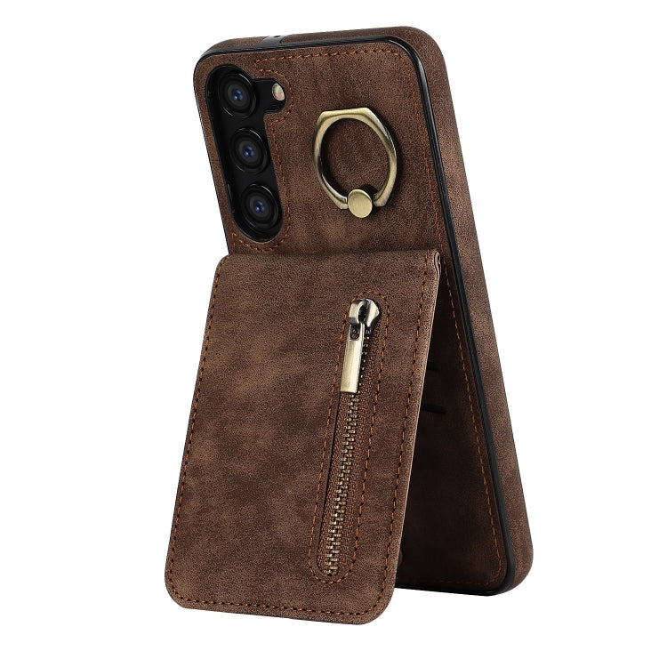 For Samsung Galaxy S23 5G Retro Ring and Zipper RFID Card Slot Phone Case