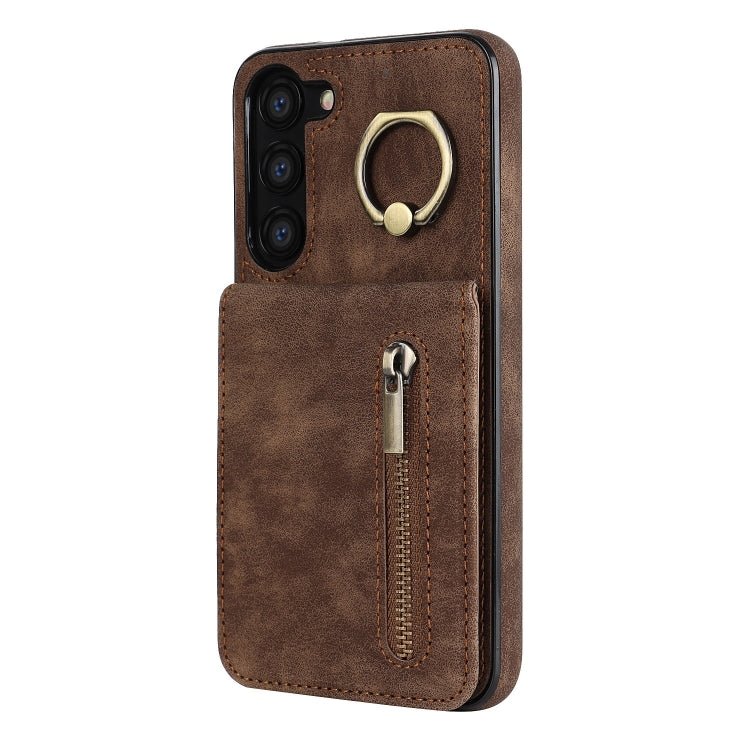 For Samsung Galaxy S23 5G Retro Ring and Zipper RFID Card Slot Phone Case