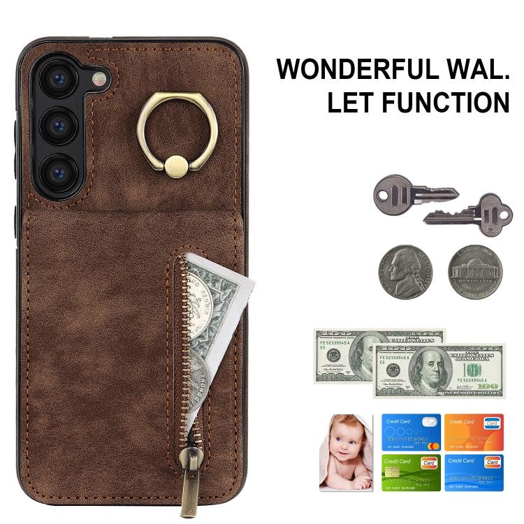 For Samsung Galaxy S23 5G Retro Ring and Zipper RFID Card Slot Phone Case