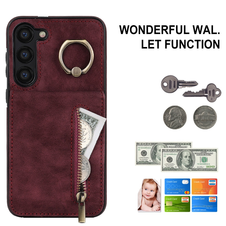 For Samsung Galaxy S23+ 5G Retro Ring and Zipper RFID Card Slot Phone Case