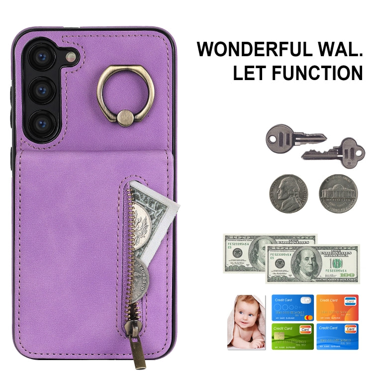 For Samsung Galaxy S23+ 5G Retro Ring and Zipper RFID Card Slot Phone Case