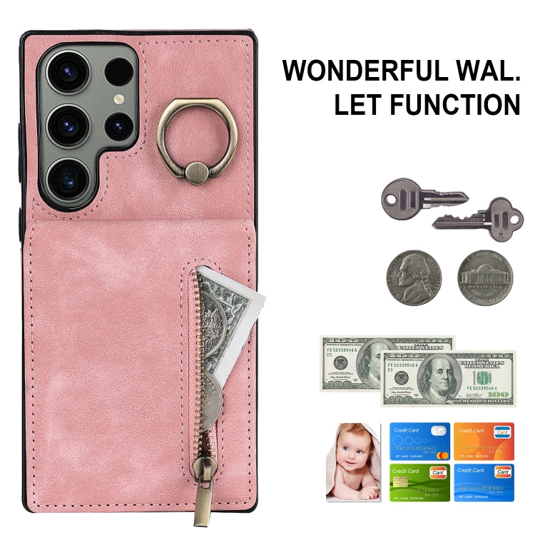 For Samsung Galaxy S23 Ultra 5G Retro Ring and Zipper RFID Card Slot Phone Case
