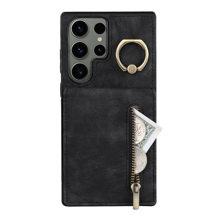 For Samsung Galaxy S23 Ultra 5G Retro Ring and Zipper RFID Card Slot Phone Case