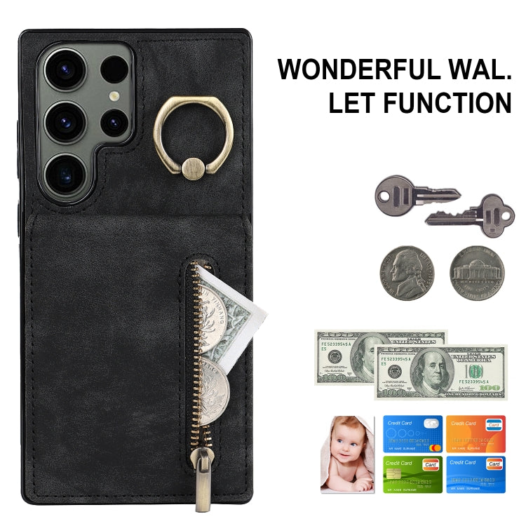 For Samsung Galaxy S23 Ultra 5G Retro Ring and Zipper RFID Card Slot Phone Case