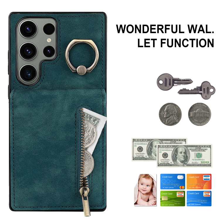 For Samsung Galaxy S23 Ultra 5G Retro Ring and Zipper RFID Card Slot Phone Case