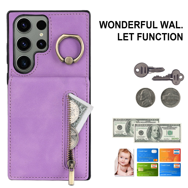 For Samsung Galaxy S23 Ultra 5G Retro Ring and Zipper RFID Card Slot Phone Case