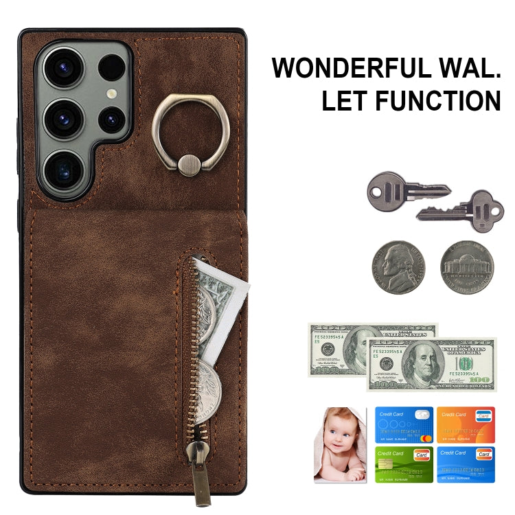 For Samsung Galaxy S23 Ultra 5G Retro Ring and Zipper RFID Card Slot Phone Case