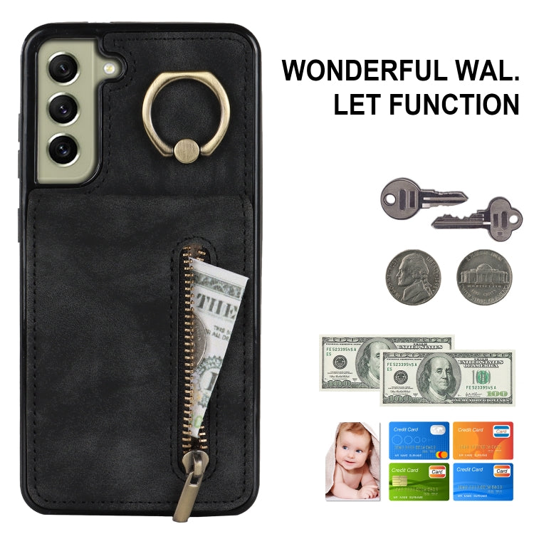 For Samsung Galaxy S22+ 5G Retro Ring and Zipper RFID Card Slot Phone Case