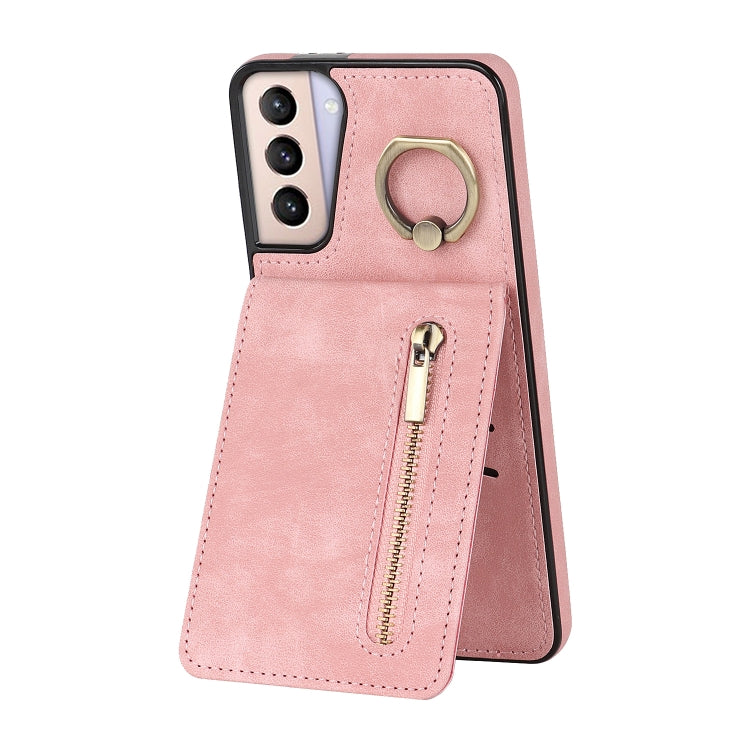 For Samsung Galaxy S21+ 5G Retro Ring and Zipper RFID Card Slot Phone Case
