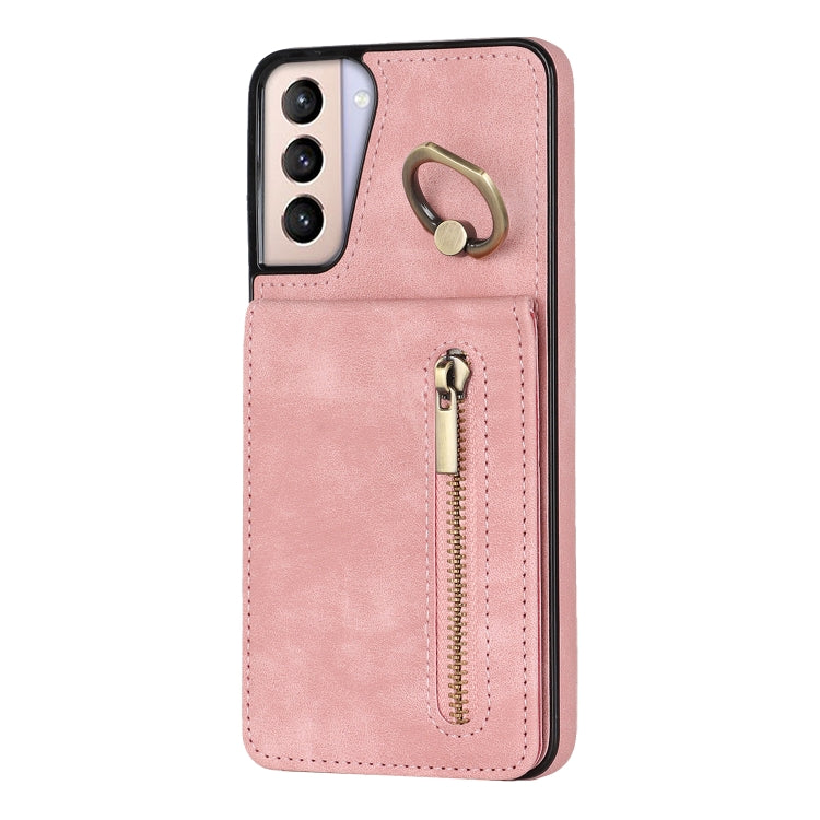 For Samsung Galaxy S21+ 5G Retro Ring and Zipper RFID Card Slot Phone Case