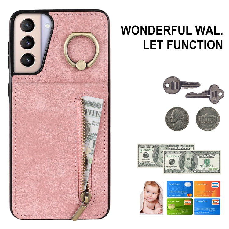 For Samsung Galaxy S21+ 5G Retro Ring and Zipper RFID Card Slot Phone Case