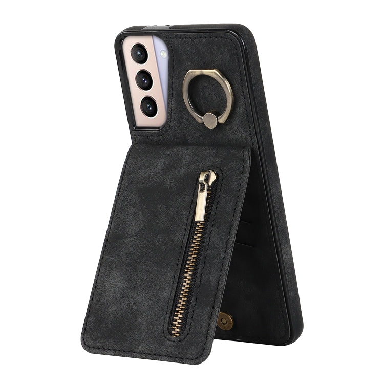 For Samsung Galaxy S21+ 5G Retro Ring and Zipper RFID Card Slot Phone Case