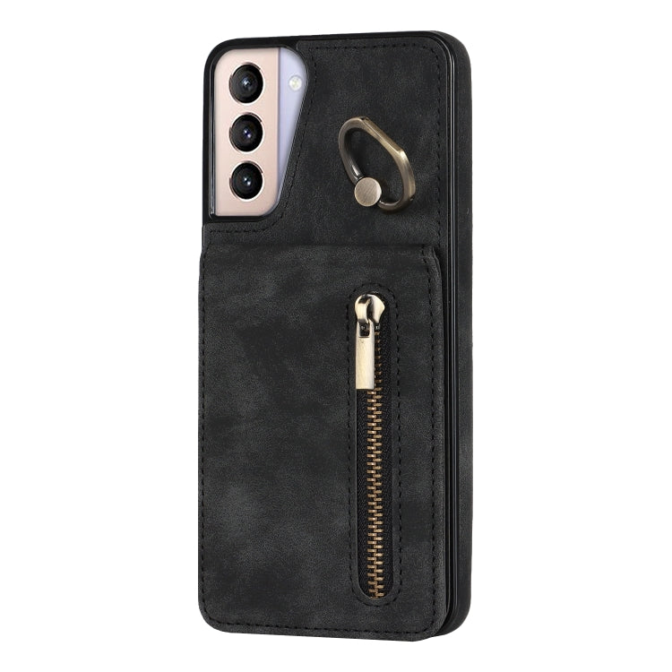 For Samsung Galaxy S21+ 5G Retro Ring and Zipper RFID Card Slot Phone Case