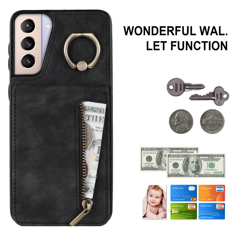 For Samsung Galaxy S21+ 5G Retro Ring and Zipper RFID Card Slot Phone Case