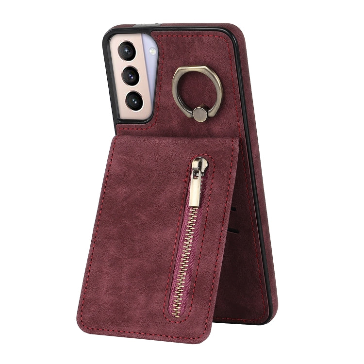 For Samsung Galaxy S21+ 5G Retro Ring and Zipper RFID Card Slot Phone Case