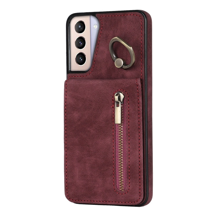 For Samsung Galaxy S21+ 5G Retro Ring and Zipper RFID Card Slot Phone Case