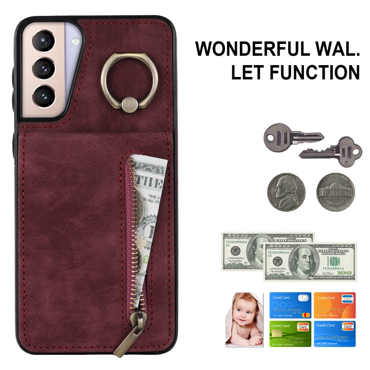 For Samsung Galaxy S21+ 5G Retro Ring and Zipper RFID Card Slot Phone Case