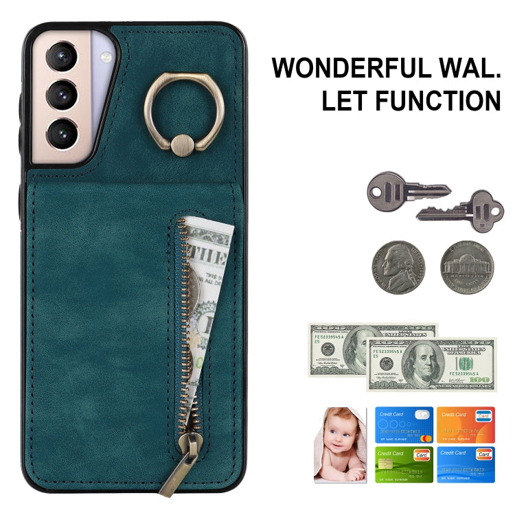 For Samsung Galaxy S21+ 5G Retro Ring and Zipper RFID Card Slot Phone Case