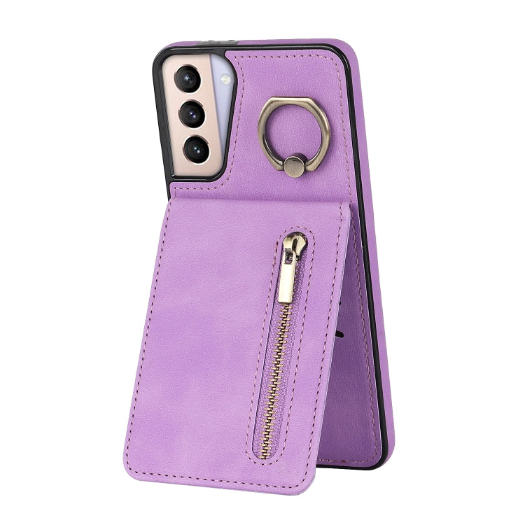 For Samsung Galaxy S21+ 5G Retro Ring and Zipper RFID Card Slot Phone Case