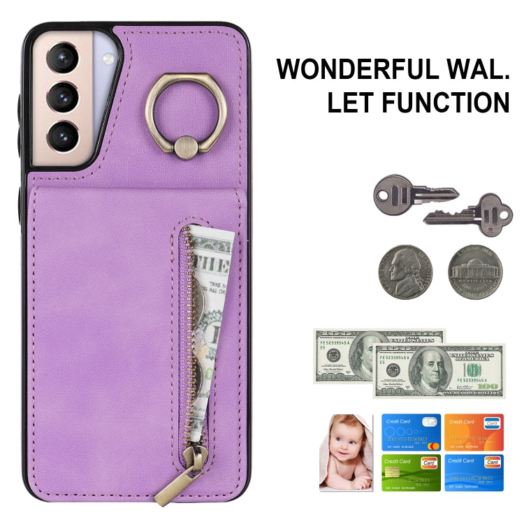 For Samsung Galaxy S21+ 5G Retro Ring and Zipper RFID Card Slot Phone Case