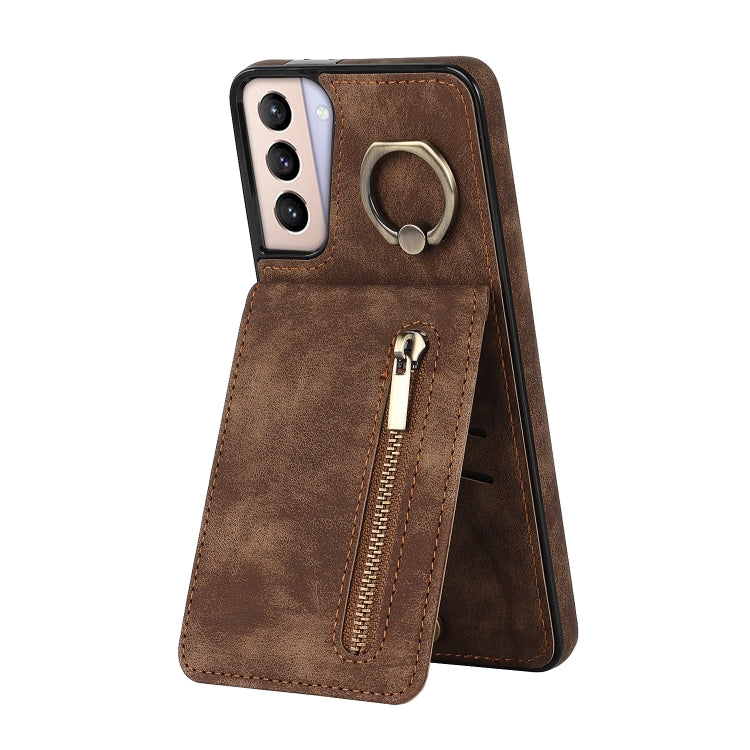 For Samsung Galaxy S21+ 5G Retro Ring and Zipper RFID Card Slot Phone Case
