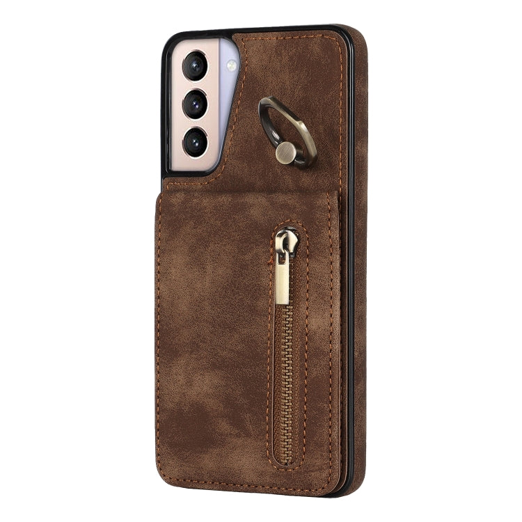 For Samsung Galaxy S21+ 5G Retro Ring and Zipper RFID Card Slot Phone Case