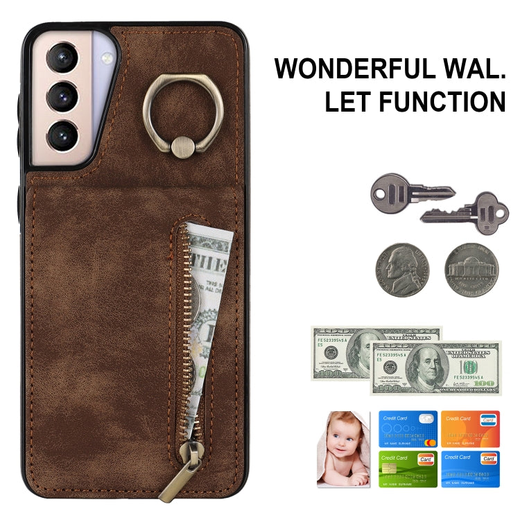 For Samsung Galaxy S21+ 5G Retro Ring and Zipper RFID Card Slot Phone Case
