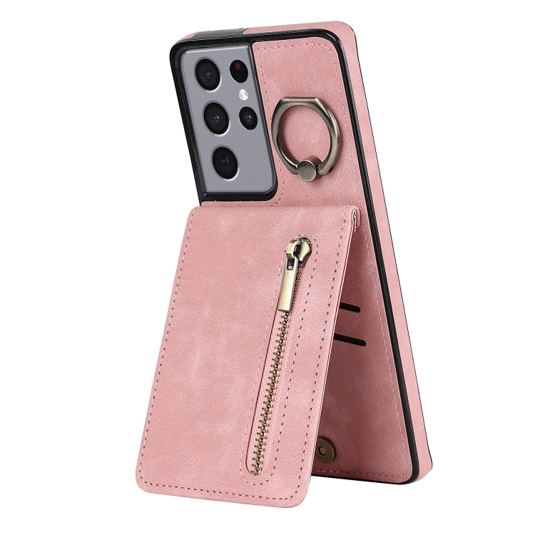 For Samsung Galaxy S21 Ultra 5G Retro Ring and Zipper RFID Card Slot Phone Case