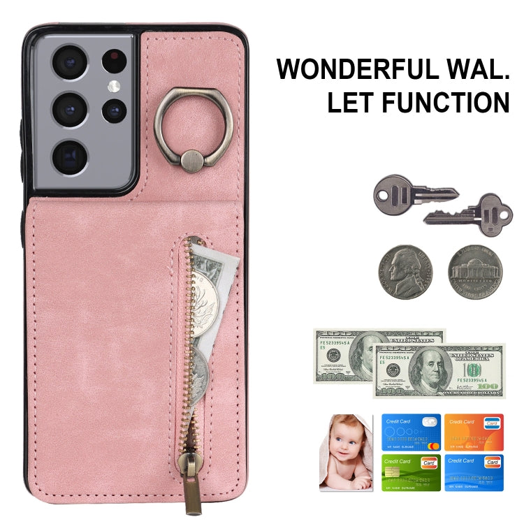 For Samsung Galaxy S21 Ultra 5G Retro Ring and Zipper RFID Card Slot Phone Case