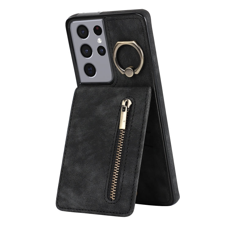 For Samsung Galaxy S21 Ultra 5G Retro Ring and Zipper RFID Card Slot Phone Case